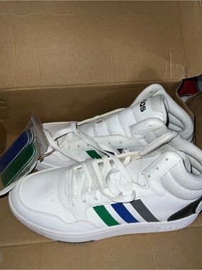 New adidas White High-Top Sneakers with Green, Blue & Gray Stripes
